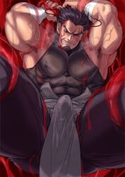 absol_(dkqthf) armpit_hair balls bara blush boner erection facial_hair fully_clothed kurou_(utawarerumono) male male_only muscles muscular penis scar scar_across_eye solo solo_male spread_legs steamy_breath sweat sweating tentacle utawarerumono