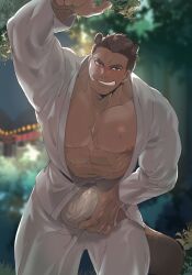 1boy bara barazoku blush bulge clothing erection_under_clothes facial_hair fundoshi gay hairy japanese_clothing looking_at_viewer male male_focus male_nipples male_only manly muscular_male nipples pon_3 sleepthinker_4a solo solo_male sweat yaoi