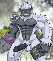 5_fingers abs absurd_res angry anthro ape ball_tuft balls bandai_namco belt black_body black_glans black_nipples black_penis blue_eyes bodily_fluids clenched_teeth cum darkened_nipples digimon digimon_(species) dripping erection fingers fist fur genital_fluids genitals glans gorilla gorillamon haplorhine hazker hi_res humanoid humanoid_genitalia leaking_cum male mammal monkey monkey_boy muscular muscular_anthro muscular_male nipples pecs penis precum precum_drip primate pubes solo teeth tuft vein white_balls white_body white_fur