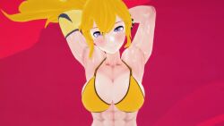 1girls 3d armpits arms_behind_head big_breasts blonde_hair busty cleavage confident hi_res large_breasts midriff muscular_female ponytail pose posing purple_eyes rwby seductive seductive_smile sensual sexy_armpits smile sports_bra stormstriker toned yang_xiao_long