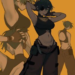 armpits arms_up ass back backless_outfit black_hair black_jacket breasts butt_crack chainsaw_man collage cropped_jacket ear_piercing female green_eyes green_nails green_theme highres himeno_(chainsaw_man) jacket knife liowig looking_at_viewer medium_breasts midriff midriff_baring_shirt nail_polish narrow_waist orange_background orange_theme piercing short_hair simple_background solo tank_top thong