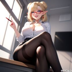 ai_generated alternate_costume alternate_hairstyle blonde_hair buttoned_shirt cleavage crossed_legs female forecast_janna glasses janna_windforce league_of_legends pantyhose pencil_skirt the_grind_series tied_hair