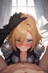 1boy1girl 1girls :>= ai_generated arandomg987 armor_removed big_breasts blonde_hair blowjob blue_eyes blush breast cute eye_contact fellatio female female_knight future_princess_(guardian_tales) good_girl guardian_tales hand_on_head looking_at_viewer male_knight_(guardian_tales) medium_hair mouth_full_of_cock oral pale-skinned_female penis pov shy teenager yellow_hair