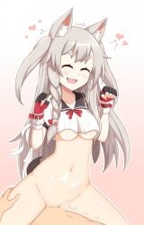 1boy animal_ears azur_lane bottomless bow braid breasts claw_pose cowgirl_position crop_top crop_top_overhang female grey_hair heart highres non-web_source pussy red_bow red_eyes sex shirt smile straddling tail uncensored underboob vaginal_penetration white_shirt wolf_ears wolf_girl wolf_tail yuudachi_(azur_lane)