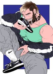 absol_(dkqthf) balls bara beard bulge facial_hair fully_clothed gay male male_only muscles muscular no_visible_genitalia penis shoe shoes sitting smell_fetish smelling_shoe solo solo_male tank_top tattoo