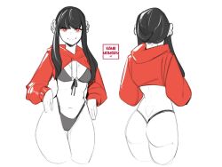 1girls ass black_hair bra breasts cowboy_shot cropped_hoodie cropped_jacket female female_only highres hood hoodie kamii_momoru long_hair looking_at_viewer multiple_views navel red_eyes red_hoodie revealing_clothes smile solo spy_x_family thick_thighs thigh_gap thighs thong underwear yor_briar