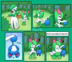 bbw big_belly big_breasts breast_expansion comic comic_page dialogue fat forest gameplay_mechanics gardevoir kirlia newt7n pokemon pokemon_(species) text thick_thighs weight_gain