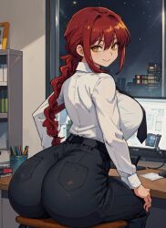 1girls ai_generated ass ass_focus big_ass big_breasts chainsaw_man from_behind hi_res huge_ass large_ass large_breasts looking_back mabi_ai makima_(chainsaw_man) necktie office_lady pants ponytail red_hair sitting stable_diffusion thick_thighs white_shirt wide_hips yellow_eyes