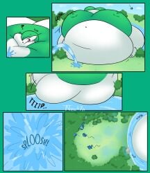 belly_expansion comic comic_page fat gardevoir huge_belly huge_breasts kirlia newt7n pokemon pokemon_(species) pokemon_only water water_inflation weight_gain