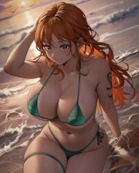 arm_up beach big_breasts bikini breasts female female_only long_hair looking_at_viewer nami nami_(one_piece) one_piece orange_hair partially_submerged post-timeskip rezeharu sitting striped_bikini tagme tattoo tattoo_on_arm water