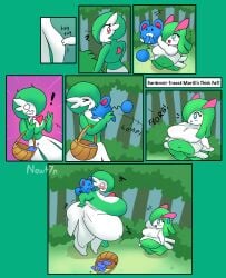 ass_expansion bbw belly_expansion big_ass big_belly big_breasts breast_expansion comic comic_page dialogue fat gameplay_mechanics gardevoir kirlia newt7n pokemon pokemon_(species) text thick_thighs weight_gain