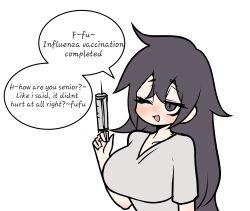 dialogue dominatrix english_text leajin long_gray_hair medical_instrument syringe vaccination white_background