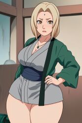 1girls ai_generated bare_legs bare_thighs blonde_hair breasts brown_eyes curvy female female_only forehead_mark gardener_ai hand_on_hip indoors jacket kimono lipstick naruto necklace no_pants solo stable_diffusion thick_thighs tsunade wide_hips