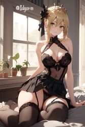 absurd_res ai_generated artoria_pendragon bed blonde_hair fate/grand_order fate_(series) green_eyes hi_res highres idgaroo indoors lingerie shy skirt tights