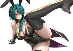 1girls absurdres alternate_costume animal_ears ass bare_shoulders black_gloves boots braid braided_ponytail breasts bunny_ears bunny_girl bunnysuit circlet cleavage commission cosplay covered_navel fake_animal_ears female female_only fire_emblem fire_emblem_heroes gloves gold_trim green_hair hair_ornament highleg highleg_leotard highres holding jewelry large_breasts leaning_to_the_side leg_up leotard linzere lips loki_(fire_emblem) loki_(fire_emblem)_(cosplay) long_hair looking_at_viewer mature_female nintendo non-web_source playboy_bunny rabbit_ears rubber_gloves single_braid smile solo spread_legs thigh_boots thigh_grab thighhighs thighs thorr_(fire_emblem) transparent_background yellow_eyes