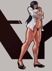 abs areola_slip areolae athletic athletic_female big_breasts black_hair blue_eyes breasts busty equinox006 erect_nipples female female_focus female_only g-string hourglass_figure kurihara_mari_(prison_school) long_hair navel nipple_bulge open_shirt pinup pinup_pose prison_school pubes pubic_hair pubic_hair_peek shirt standing sweat wide_hips