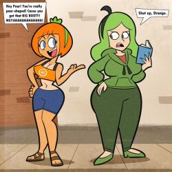 annoying_orange blue_eyes english english_text genderswap_(mtf) green_eyes green_hair human human_only humanized lolwutburger orange_(annoying_orange) orange_hair pear_(annoying_orange) pear_shaped teasing text