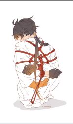 1boy bondage from_behind gay genshin_impact male male_only malesub red_rope rope_bondage shibari_over_clothes solo_male treetree233 white_kimono yaoi zhongli_(genshin_impact)