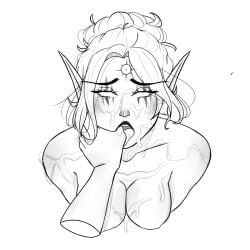 1girls arelya black_and_white blood_elf cum elf finger_in_mouth tattoo world_of_warcraft