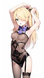 ai_generated black_panties blonde_hair bow bowtie breasts fischl_(genshin_impact) green_eyes leggings lingerie medium_breasts see-through see-through_bra see-through_shirt see-through_top shocked suprised white_background