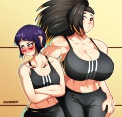 2girls athletic athletic_female bare_midriff big_breasts black_hair breast_envy breasts busty cleavage comparing comparing_breasts comparison female female_focus female_only hourglass_figure huge_breasts kyoka_jiro large_breasts larger_female long_hair medium_support_(meme) momo_yaoyorozu muscular_female my_hero_academia nekochanoff ponytail purple_hair short_hair small_breasts sports_bra sportswear tagme wide_hips