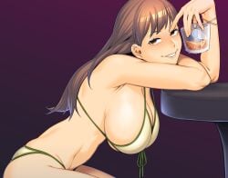 1girls alcohol arm_rest bikini blush breasts brown_eyes brown_hair cleavage condensation cup dyun female gradient_background grin hanging_breasts highres holding ice ice_cube kantai_collection large_breasts leaning_forward long_hair looking_at_viewer naughty_face ooi_(kantai_collection) purple_background simple_background smile solo swimsuit yellow_bikini