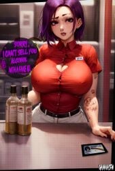 ai_generated big_breasts busty cashier dialogue female female_focus female_only gaiansfw gothic marvel meme moonbase_nsfw peni_parker purple_eyes purple_hair solo solo_female solo_focus spider-man:_across_the_spider-verse spider-man:_into_the_spider-verse spider-man_(series) stable_diffusion uniform