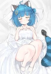 1girls anonymous_artist blue_eyebrows blue_hair blush blush_lines blushing_at_viewer buttplug buttplug_tail drawthread_request endless_(idol_corp) fake_tail fanart hair hair_ornament hand_heart idol-en idol_corp laying_on_bed leaf_hair_ornament looking_at_viewer medium_breasts poko_rakun raccoon raccoon_ears raccoon_girl raccoon_tail shoes thick_thighs virtual_youtuber vtuber wedding wedding_dress wedding_veil yellow_eyes young young_woman