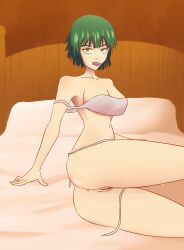 ass bed bedroom breasts condom condom_in_mouth fubuki_(one-punch_man) green_eyes green_hair milf one-punch_man pillow pussy snowwwy_(artist) solo_female solo_focus sweat thick_thighs thighs