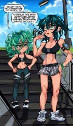 athletic athletic_female bare_midriff busty crop_top esper_sisters female female_focus female_only fubuki_(one-punch_man) green_eyes green_hair harlockmaiden hourglass_figure leggings long_hair medium_support_(meme) navel one-punch_man outdoor outdoors outside short_hair short_shorts sisters sneakers speech_bubble sports_bra sportswear standing tatsumaki wide_hips