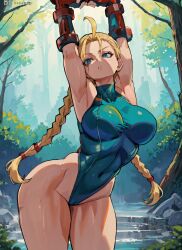 1girls ai_generated armpits arms_up bent_over big_breasts blonde_hair blue_eyes cammy_stretch cammy_white capcom cowboy_shot hi_res large_breasts leaning_forward leotard mabi_ai solo stable_diffusion street_fighter thick_thighs wide_hips