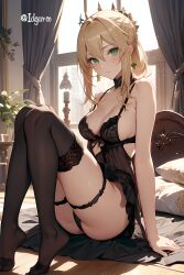 absurd_res ai_generated artoria_pendragon bed blonde_hair fate/grand_order fate_(series) green_eyes hi_res highres idgaroo indoors lingerie panties shy skirt tights