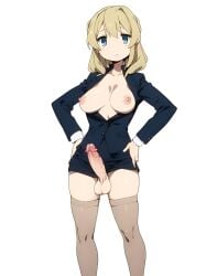 ai_generated balls blonde_hair blue_eyes breasts erection futa_only futanari legwear looking_at_viewer office_lady penis shoujo_shuumatsu_ryokou stockings testicles veiny_penis yuuri_(shoujo_shuumatsu_ryokou)