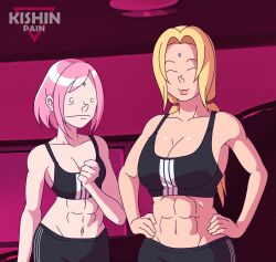 2girls abs athletic athletic_female bare_midriff big_breasts blonde_hair breast_envy busty comparing comparison crop_top female female_focus female_only hourglass_figure kishinpain large_breasts long_hair medium_support_(meme) multiple_girls naruto navel pink_hair sakura_haruno short_hair small_breasts sports_bra sportswear teacher_and_student tsunade wide_hips