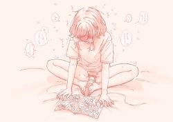 barefoot blush female female_masturbation heart highres hitachi_magic_wand holding_with_feet manga_(object) marrontorisu masturbation masturbation_through_clothes medium_hair monochrome nose_blush original panties pink_theme sex_toy shirt short_sleeves sitting solo sweat t-shirt translation_request underwear vibrator