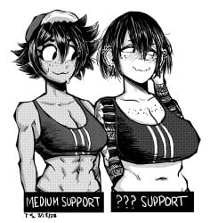 2girls abs athletic athletic_female bare_midriff baseball-chan_(tomboy_sama) big_breasts black_hair breast_awe breasts busty cleavage embarrassed female female_focus female_only freckles freckles_on_breasts freckles_on_face gym hourglass_figure large_breasts medium_breasts medium_support_(meme) monochrome navel ryona_(tomboy_sama) shy sports_bra tattoo text tomboy tomboy_sama wide_hips