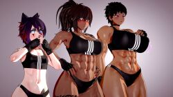 3d 3girls athletic athletic_female bare_midriff big_breasts blue_eyes breast_awe breast_envy breasts brown_hair busty camellia_(valiance) cleavage collar crop_top dark-skinned_female dark_skin erect_nipples female female_focus female_only gym_uniform hourglass_figure huge_breasts joan_(valiance) large_breasts long_hair makeup medium_support_(meme) nail_polish nipple_bulge oc pale-skinned_female pale_skin pixie_cut ponytail purple_hair red_eyes short_hair small_breasts sports_bra sportswear tagme tomboy valiance wide_hips zoey_(valiance)