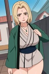 1girls ai_generated bare_legs bare_thighs blonde_hair breasts brown_eyes curvy female female_only forehead_mark gardener_ai green_jacket grey_kimono jacket kimono lipstick naruto necklace no_pants outdoors solo stable_diffusion thick_thighs tsunade wide_hips