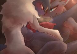 absol anal anal_sex anthro anthro_on_feral anthro_penetrated balls bodily_fluids duo feral feral_penetrating feral_penetrating_anthro generation_3_pokemon generation_5_pokemon genitals hi_res knot male male/male male_penetrated male_penetrating male_penetrating_male nintendo penetration penis pokemon pokemon_(species) red_penis sex sousaku_san sweat zoophilia zoroark