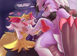 animal_genitalia animal_penis anthro balls blush bodily_fluids braixen canine_genitalia canine_penis chastity_device claws cum cum_on_feet duo english_text feris_(ferislycan fermusieboir4 finger_claws foot_fetish fur gay generation_6_pokemon generation_7_pokemon genital_fluids genitals green_eyes grey_(dgbraixen) hi_res knot lycanroc male male/male nintendo penis pokemon pokemon_(species) red_eyes smile speech_bubble text toe_claws white_body white_fur yellow_body yellow_fur