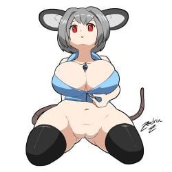 absurd_res animal_humanoid asian_mythology big_breasts breasts buckteeth cleavage clothed clothing east_asian_mythology female genitals grey_hair hair hi_res huge_breasts huge_thighs humanoid japanese_mythology kneeling looking_at_viewer mammal mammal_humanoid murid murid_humanoid murine murine_humanoid mythology navel nazrin pendant pussy rat_humanoid red_eyes rodent rodent_humanoid signature simple_background solo tail teeth text thick_thighs touhou wide_hips yokai zedrin