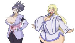 2girls alternate_breast_size black_hair blonde_hair breasts cleavage colette_brunel gigantic_breasts happy highres hips huge_breasts huge_hips huge_thighs large_breasts massive_breasts multiple_girls sheena_fujibayashi shirt tales_of_(series) tales_of_symphonia thick_thighs thighs tight_clothes tight_shirt wide_hips