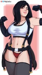 1girls armwear black_hair female female_only final_fantasy final_fantasy_vii final_fantasy_vii_remake flexing flexing_bicep hi_res long_hair looking_at_viewer narrowed_eyes philipsmitheros red_eyes smiling smiling_at_viewer solo stockings suspenders thick_thighs thong tifa_lockhart topwear