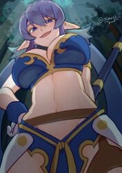 blue_hair breasts cleavage elf_ears forest huge_breasts judith large_breasts looking_at_viewer looking_down outdoors outside pointy_ears smug tagme tales_of_(series) tales_of_vesperia