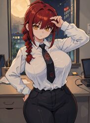 1girls ai_generated big_breasts chainsaw_man hi_res large_breasts mabi_ai makima_(chainsaw_man) necktie office_lady pants ponytail red_hair solo stable_diffusion thick_thighs white_shirt wide_hips yellow_eyes