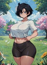 1girls ai_generated aqua_eyes big_breasts bike_shorts black_hair bloomers blue_eyes buruma cropped_shirt dragon_ball dragon_ball_z hi_res large_breasts mabi_ai midriff navel short_hair stable_diffusion thick_thighs videl wide_hips