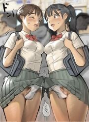 2futas balls big_penis black_hair blush breasts brown_hair clothed clothing duo erection erection_under_clothes erection_under_clothing erection_under_skirt futa_on_futa futa_only futanari human light-skinned_futanari light_skin mostly_clothed one_eye_closed penis penis_under_clothes penis_under_skirt penises_touching precum precum_drip precum_through_clothing public public_exposure public_transportation school_uniform schoolgirl short_hair skirt standing sweat tenting train train_interior uro