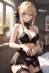 absurd_res ai_generated artoria_pendragon bed blonde_hair fate/grand_order fate_(series) green_eyes hi_res highres idgaroo indoors lingerie panties shy skirt tights