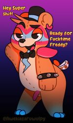 anthro awekiazaruwulpy balls bear beckoning bow_tie clothing five_nights_at_freddy's five_nights_at_freddy's:_security_breach genitals gesture glamrock_freddy_(fnaf) hat headgear headwear hi_res male male_only mammal penis piercing plushie scottgames simple_background small_penis smile solo steel_wool_studios stuffed_animal text young