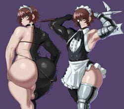 ambush_(trap) armor ass axred7 balls battle_maid big_ass black_body bottom_heavy bottom_heavy_femboy femboy halberd half_body heterochromia maid maid_headdress maid_uniform sharp_teeth solo trembling weapon weapon_over_shoulder